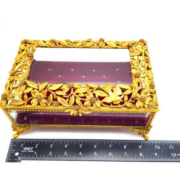 Matson Ormolu Jewelry Casket Box Dresser Vanity Case Gilt Metal Footed Burgundy - Picture 11 of 16